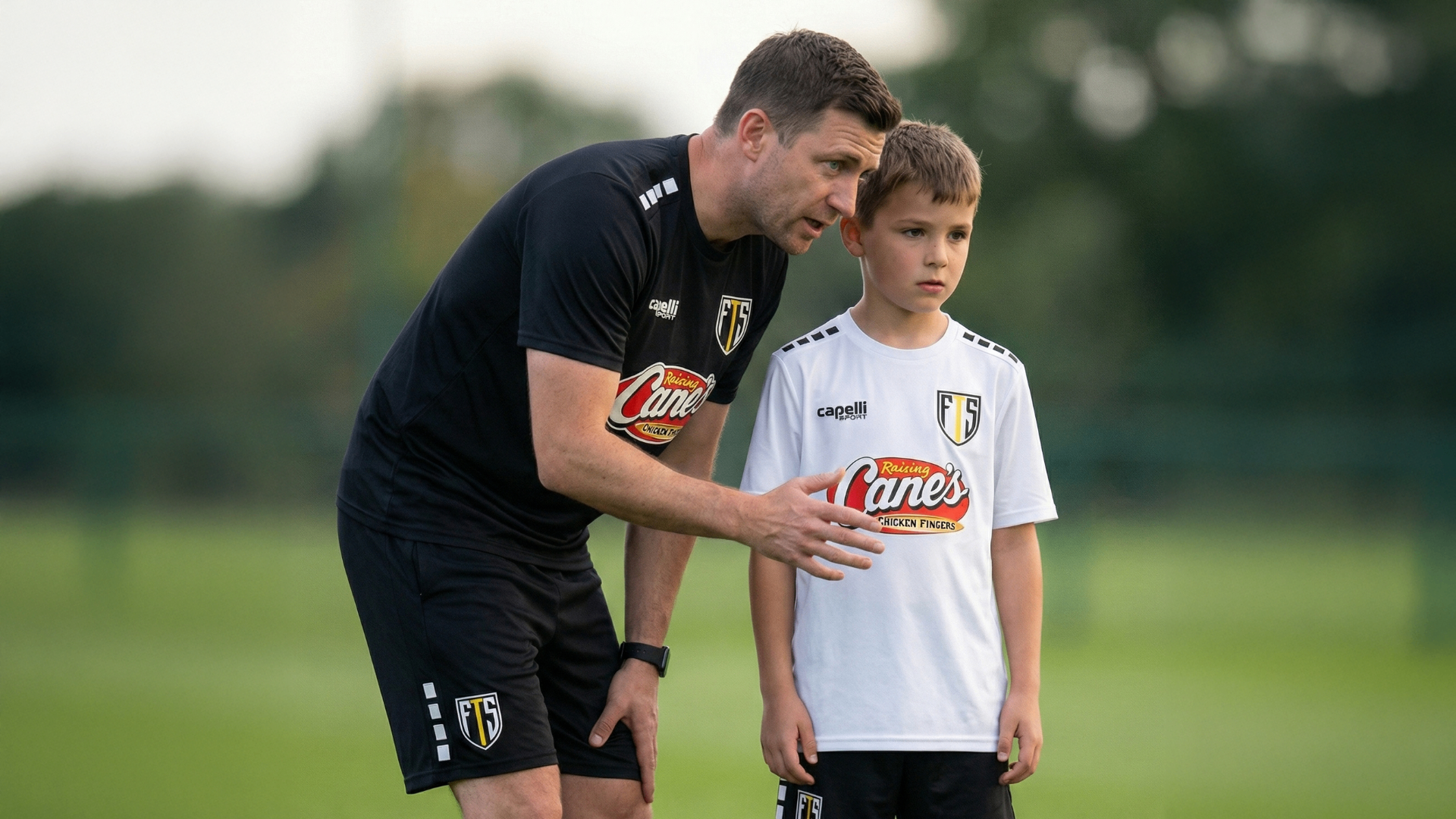 FTS coach giving a young camper one-on-one instruction on the field