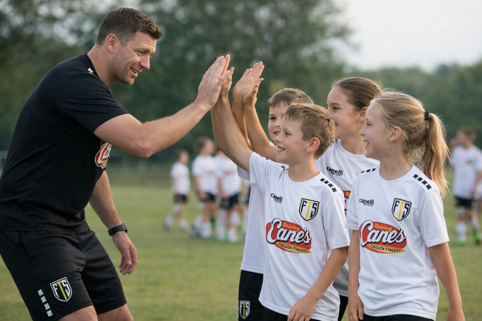 Group of young soccer kids huddled together smiling